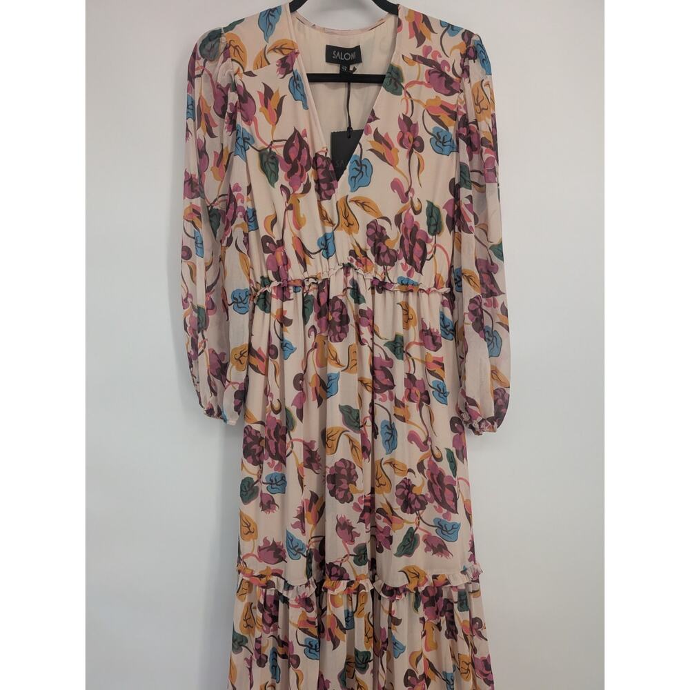 NWT Saloni Nina Tiered Floral Long-sleeve Maxi Dress Sz US6 Ivory Japonica 9K605 - Picture 3 of 10